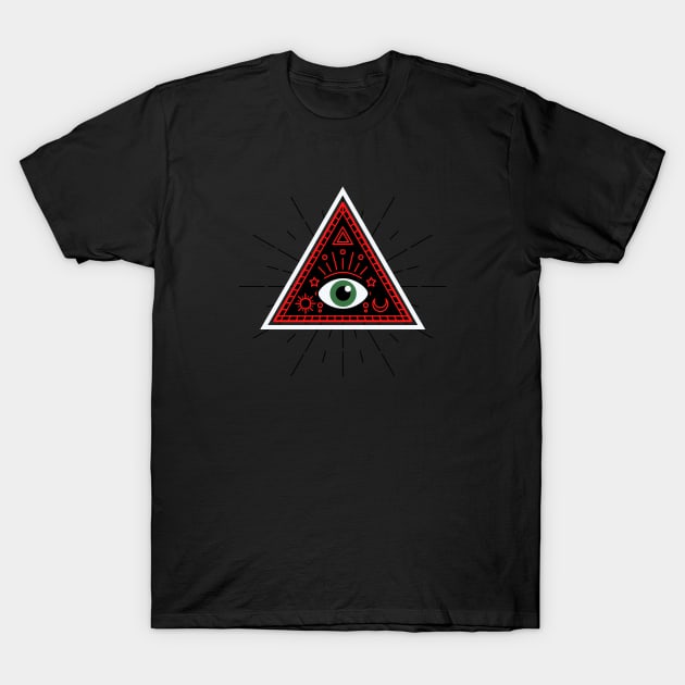 All Seeing eye - red and black with dark green eye T-Shirt by Just In Tee Shirts